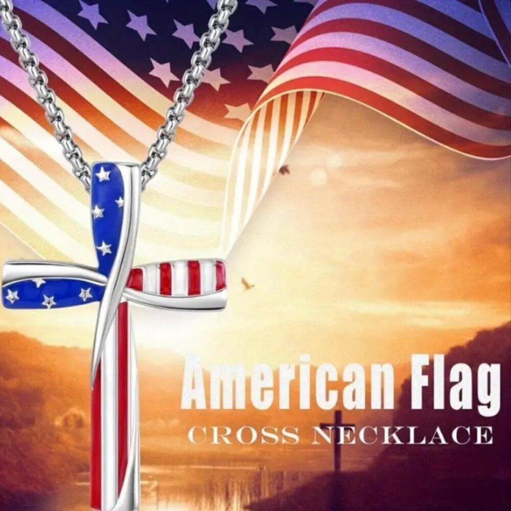 American Flag Cross Patriotic Necklace with Heavy Chain NWT